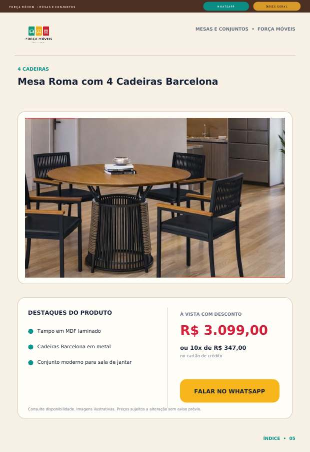 Página do catálogo: Mesa Roma com 4 Cadeiras Barcelona